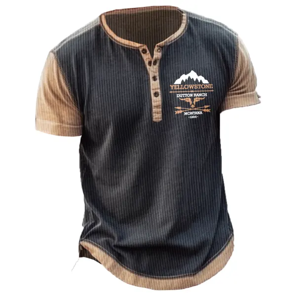 Men's Yellowstone Printed Henry Short Everyday Patchwork Sleeve Color Corduroy T-Shirt - Cotosen.com 