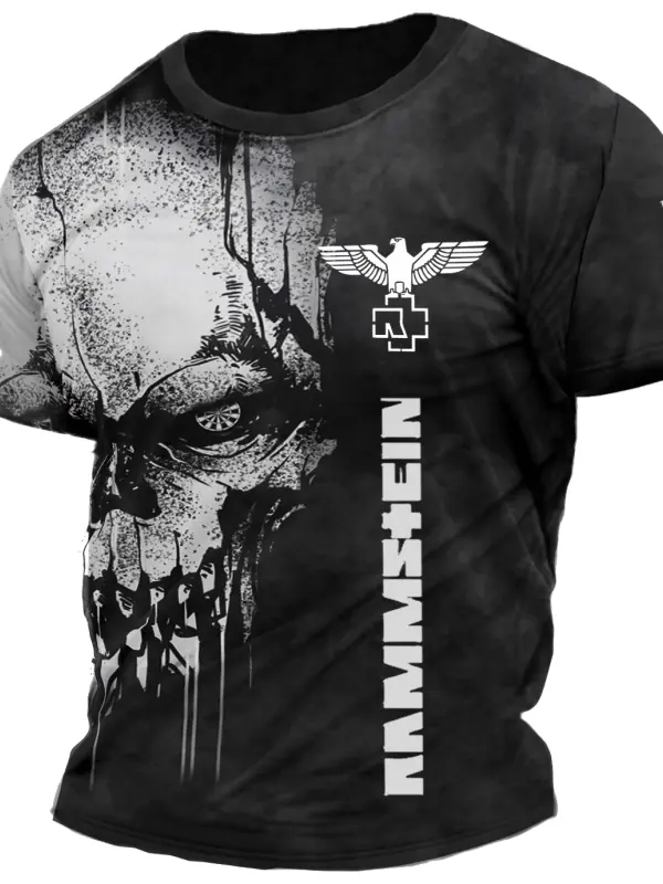 Men's Vintage Skull Rammstein Rock Band Print Daily Short Sleeve Crew Neck T-Shirt - Menwyx.com 