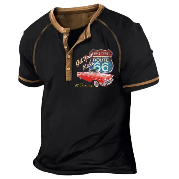 Men's T-Shirt Route 66 Get Your Kicks Vintage Henley Color Block Short Sleeve Summer Daily Tops - Manlyhost.com 