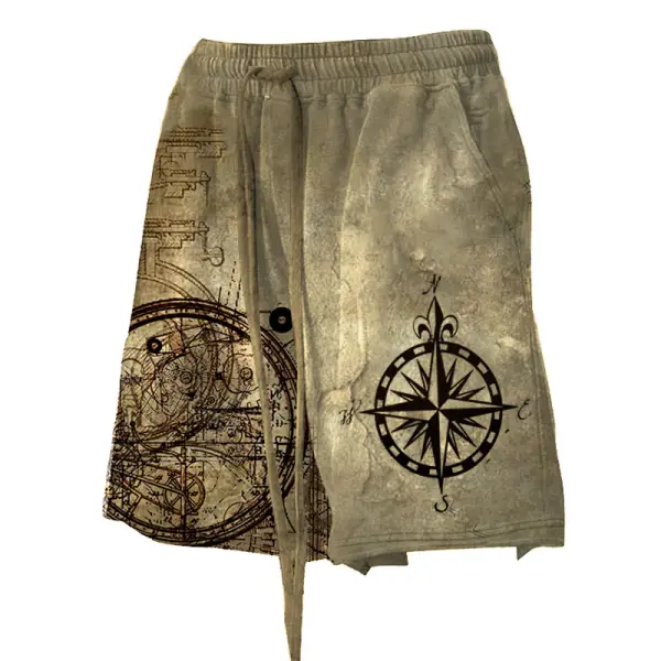Men's Vintage Nautical Compass Steampunk Auto Wheel Print Drawstring Distressed Casual Shorts - Manlyhost.com 