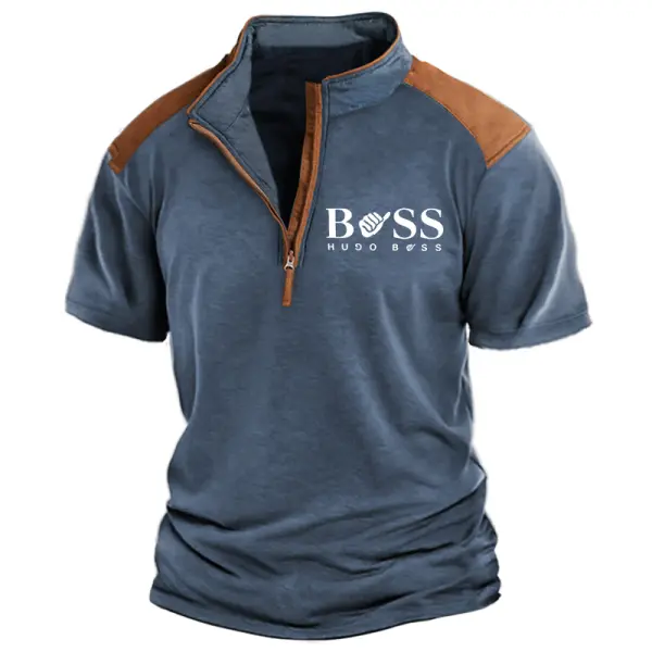Men's Zipper Stand Collar T-Shirt Boss Vintage Color Block Short Sleeve Summer Daily Tops Only $24.99 - Elementnice.com 