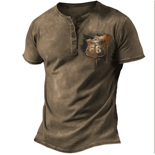 Men's Route 66 Printed Henry Short Everyday Sleeve T-Shirt - Elementnice.com 