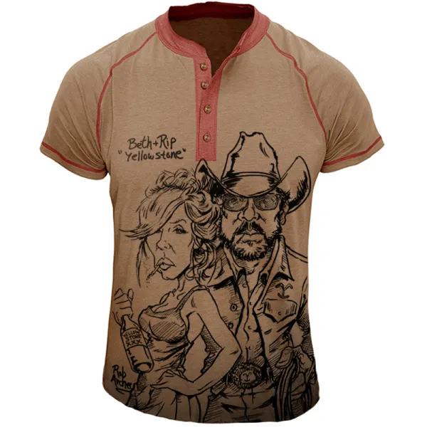 Men's Yellowstone Hand Drawn Patterns Print Collar Color Contrast Short Sleeved Henley T-shirt - Dozenlive.com 