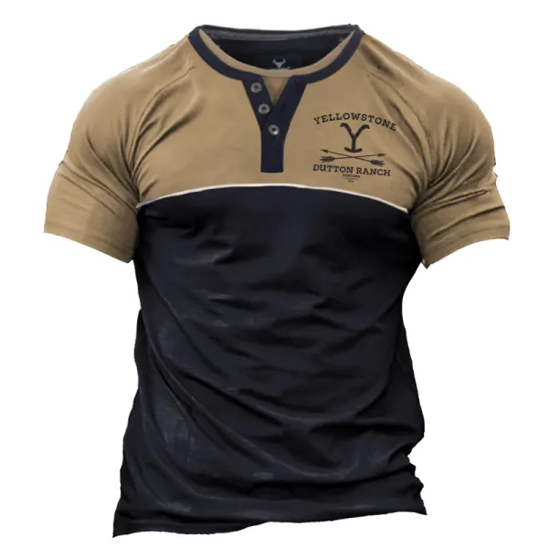 Men's Yellowstone Ribbon Contrast Print Short Sleeved Henley T-shirt - Manlyhost.com 
