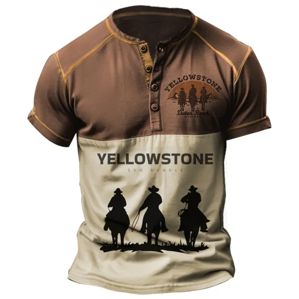 Men's Yellowstone Print Collar Color Contrast Short Sleeved Henley T-shirt - Dozenlive.com 