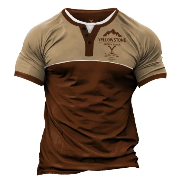 Men's Yellowstone Ribbon Neckline Contrast Print Short Sleeved Henley T-shirt - Cotosen.com 