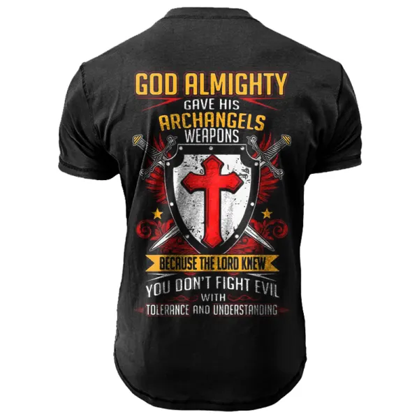 Men's Templar Knights God Almighty Vintage Print Short Sleeved Henley T-shirt - Elementnice.com 