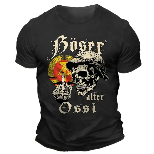 Men's Deutsche Ossi Gnade Gottes German Flag Skull Print Daily Short Sleeve Crew Neck T-Shirt - Ootdyouth.com 