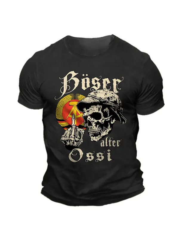 Men's Deutsche Ossi Gnade Gottes German Flag Skull Print Daily Short Sleeve Crew Neck T-Shirt - Ootdmw.com 