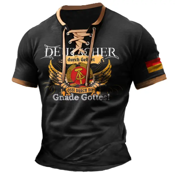 Men's Deutscher Ossi Gnade Gottes German Flag Vintage Lace-Up Short Sleeve Color Block T-Shirt - Elementnice.com 
