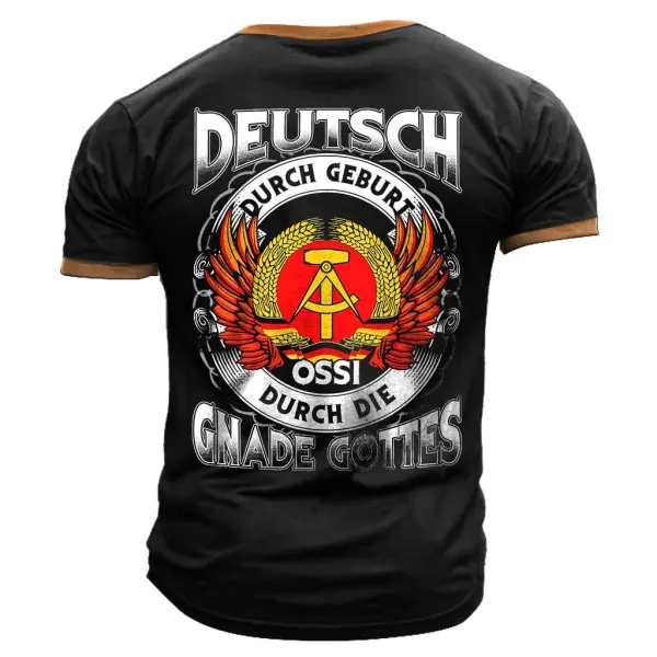 Men's Vintage German DDR Ossi Gnade Gottes Color Block Print Henley Short Sleeve T-Shirt - Elementnice.com 