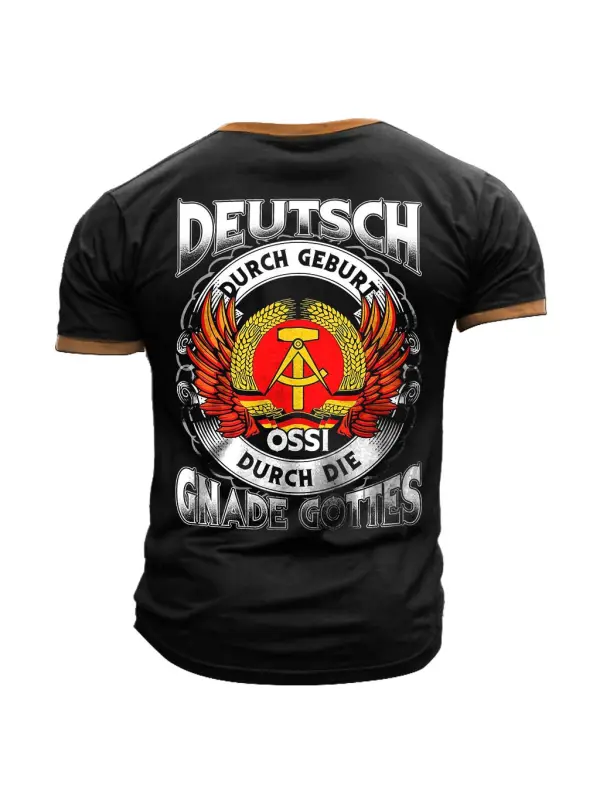 Men's Vintage German DDR Ossi Gnade Gottes Color Block Print Henley Short Sleeve T-Shirt - Ootdmw.com 