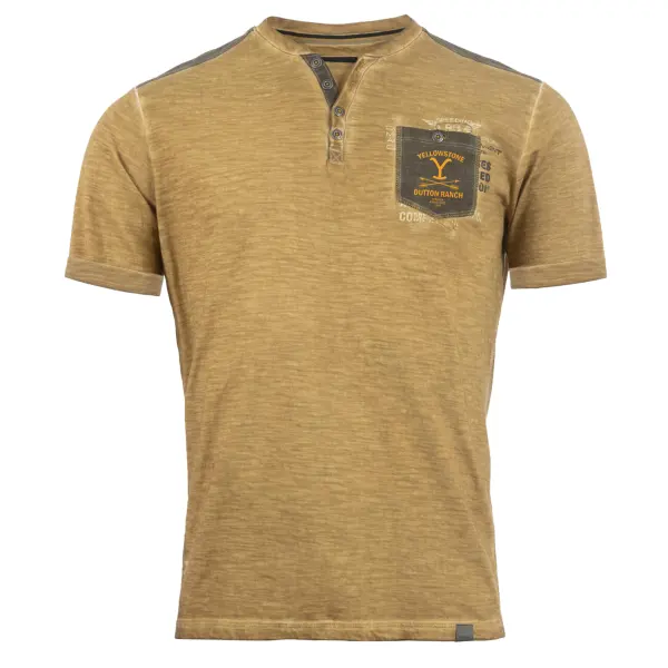 Men's Yellowstone Printed Henry Short Everyday Contrast Color Sleeve T-Shirt - Cotosen.com 