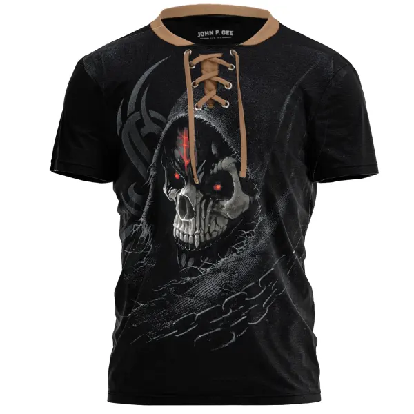 Men's Reaper Skull Chain Printed Everyday Henry Neck Short Sleeve T-Shirt - Elementnice.com 