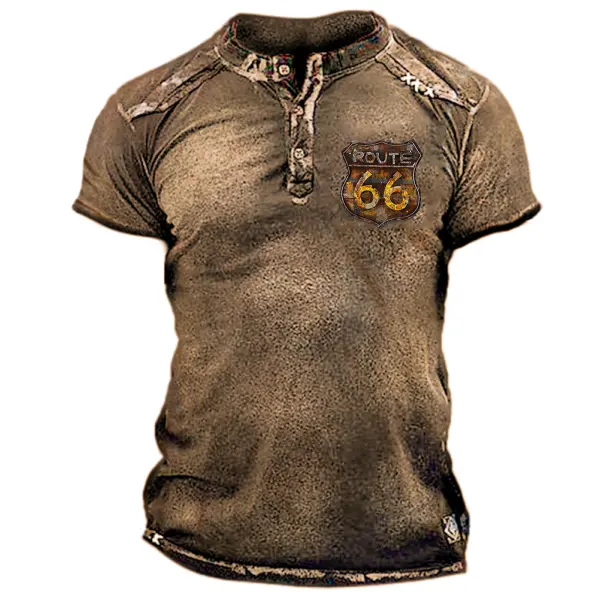 Men's Route 66 Printed Everyday Henry Neck Short Sleeve T-Shirt - Elementnice.com 