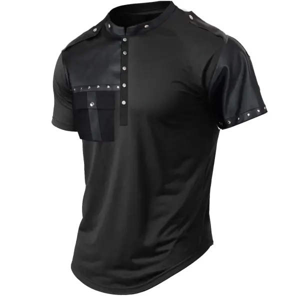 Men's Motorcycle Rock Band Printed Henley Short Sleeve Everyday Pu Leather Patchwork T-Shirt - Elementnice.com 