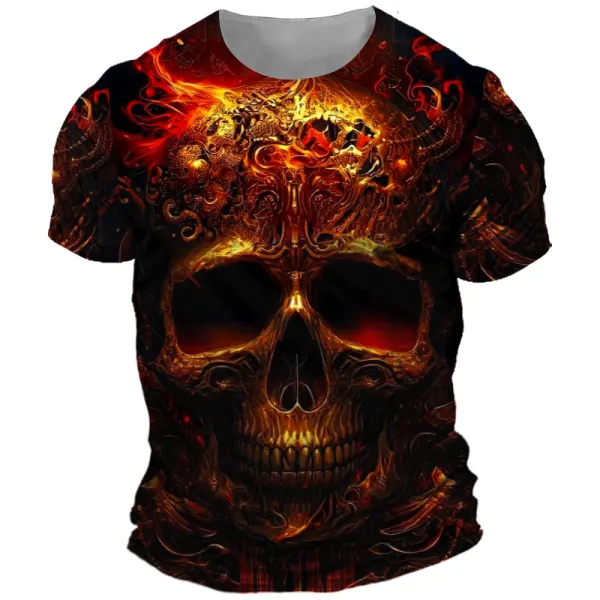 Men's Vintage Flame Skull Head 3d Print Short Sleeved T-shirt - Elementnice.com 