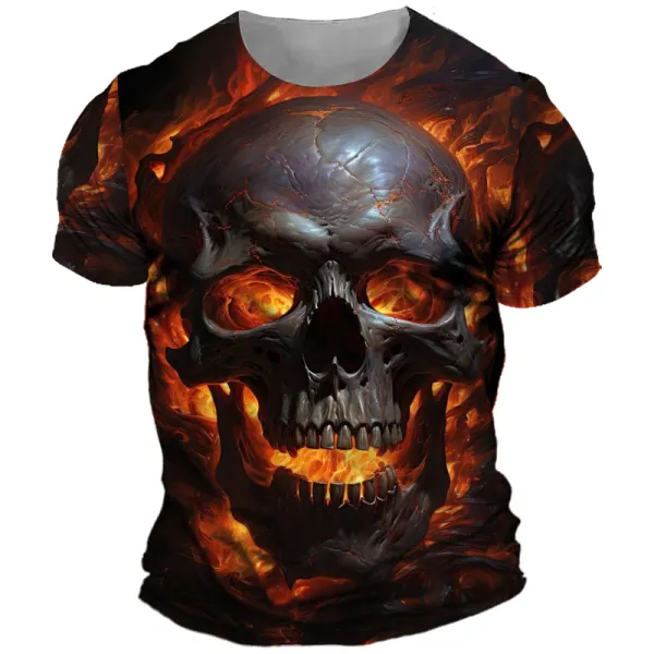 Men's Vintage Flame Skull Head 3d Print Short Sleeved T-shirt - Dozenlive.com 