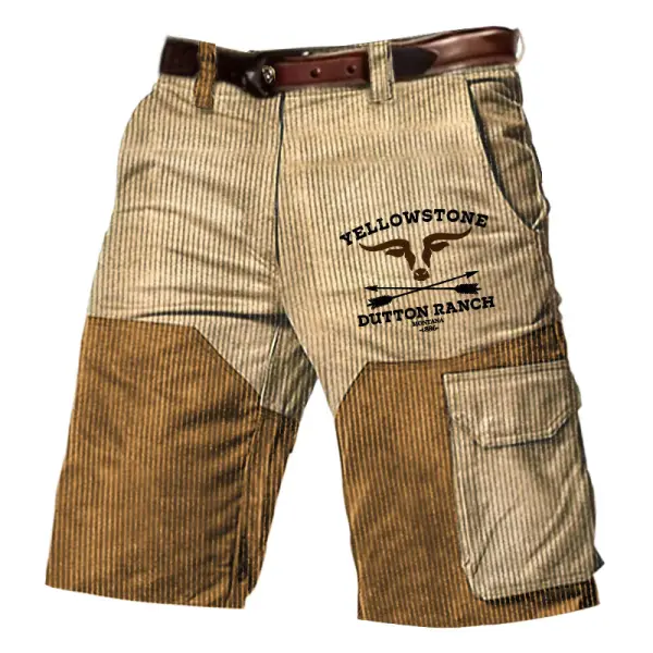 Men's Corduroy Vintage Yellowstone Print Outdoor Contrast Color Block Multi Pocket Cargo Shorts - Elementnice.com 