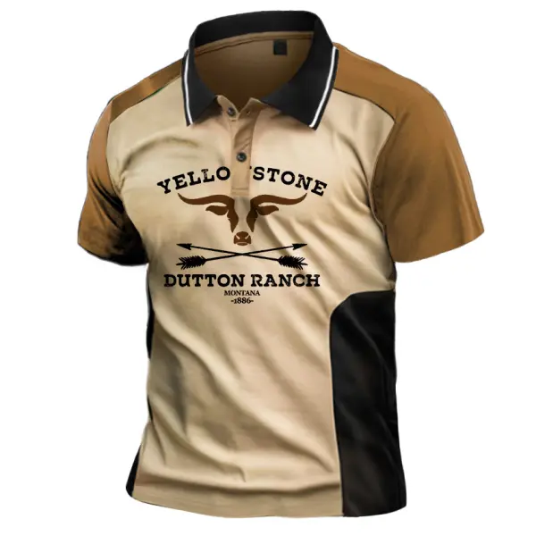 Men's Polo T-Shirt Yellowstone Western Cowboy Vintage Color Block Short Sleeve Summer Daily Tops - Ootdyouth.com 