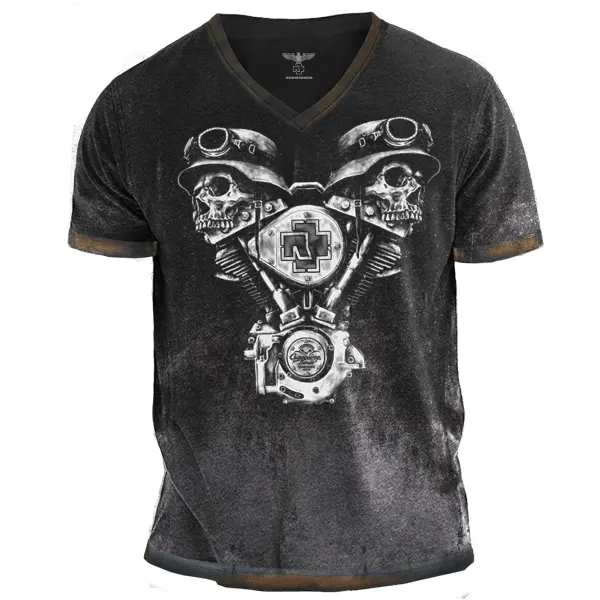 Men's Vintage Rammstein Rock Rebel Skull Print Short Sleeve V Neck T-Shirt - Elementnice.com 