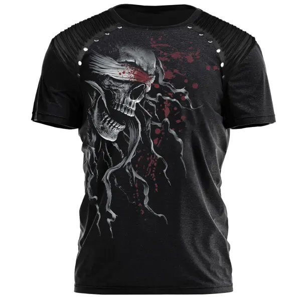 Men's Skull Printed Short Sleeve Everyday Pu Leather Patchwork T-Shirt - Elementnice.com 