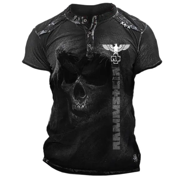 Men's Reaper Skull Chain Printed Everyday Henley Neck Short Sleeve T-Shirt - Cotosen.com 