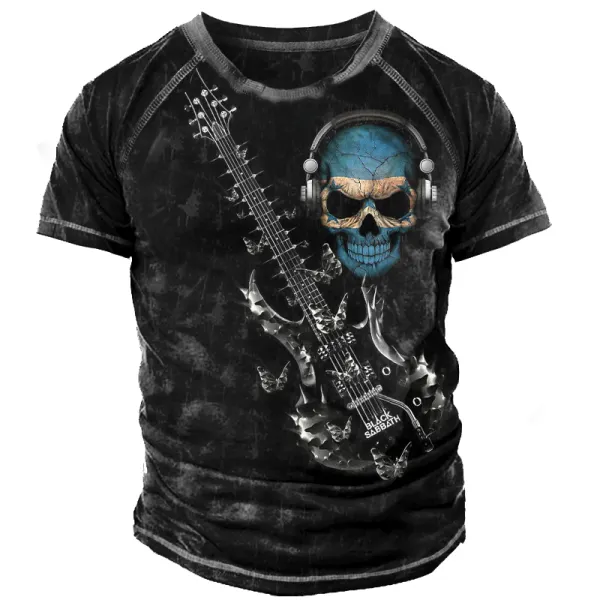 Men's Rock Band Skull Guitarist Vintage Print Short Sleeved T-shirt - Elementnice.com 
