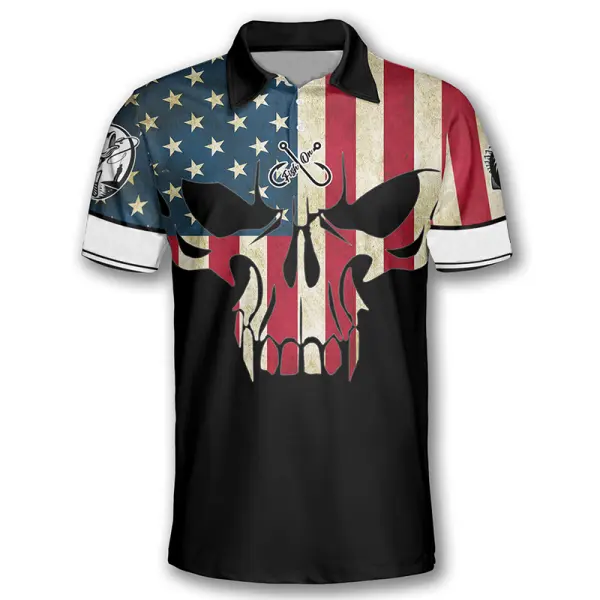 Men's Fish On Skull American Flag Custom Fishing Print Polo Shirts - Elementnice.com 
