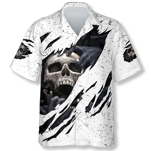 Men's White Grunge Skull Hawaiian Shirt - Elementnice.com 