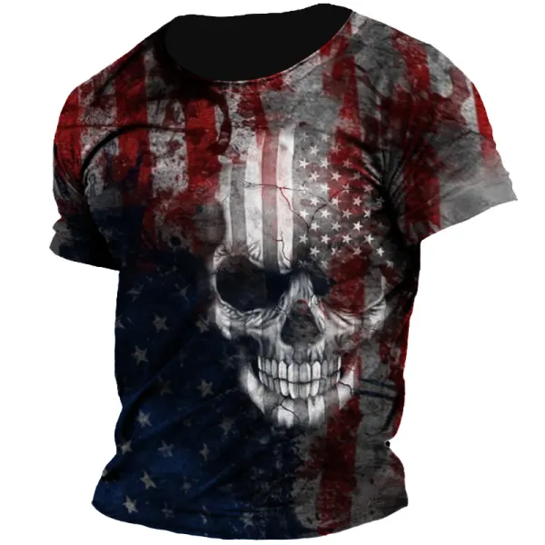 Men's Flag Skull Vintage Print Short Sleeved T-shirt - Elementnice.com 