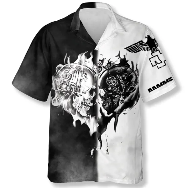 Men's Rammstein Vintage Skull Love Black White Flame Skull Hawaiian Shirt - Elementnice.com 