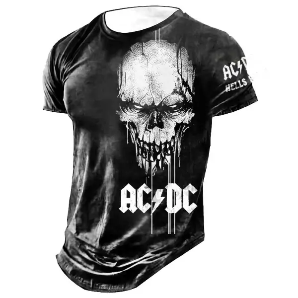 Men's ACDC Rock Band Dark Skull Hells Bells Print Daily Short Sleeve Crew Neck T-Shirt - Dozenlive.com 