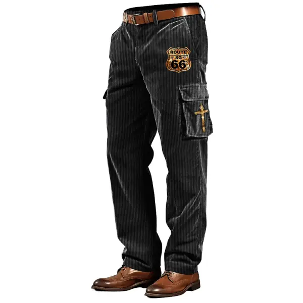 Men's Route 66 Cross Corduroy Multi-Zip Pocket Casual Vintage Outdoor Cargo Pants - Elementnice.com 