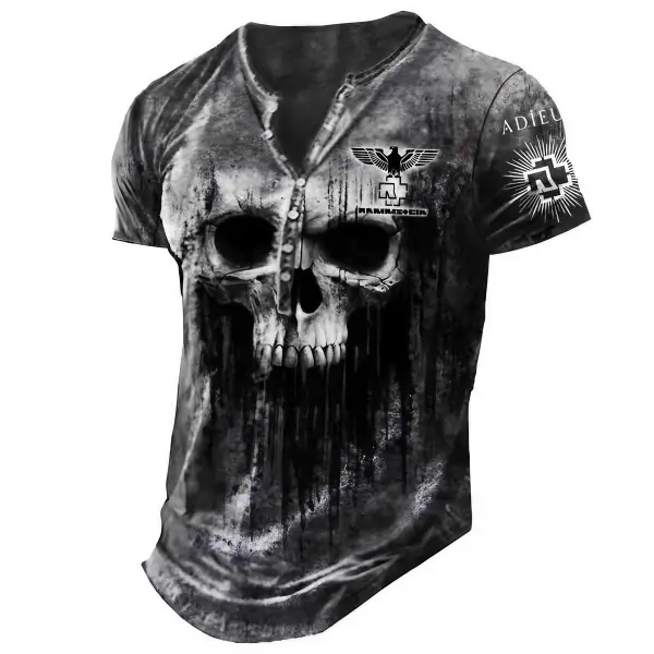 Men's T-Shirt Henley Rammstein Rock Band Dark Skull Vintage Summer Daily Tops - Elementnice.com 