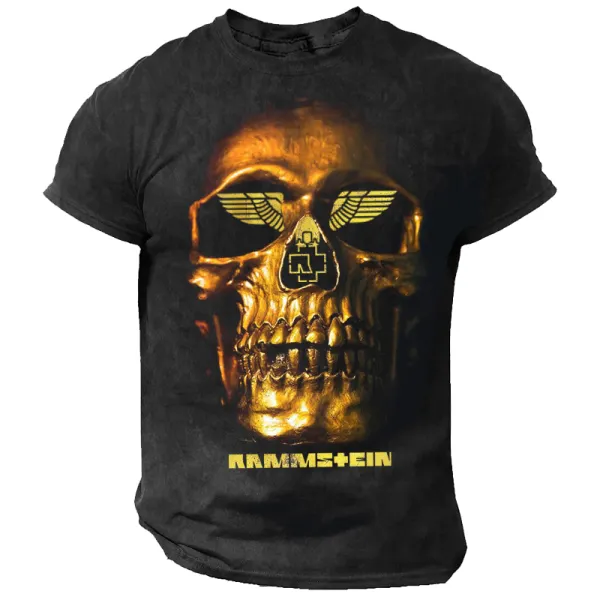 Men's Rammstein Rock Band Gold Metal Skull Head Chipped Grain Print Short Sleeved T-shirt - Elementnice.com 