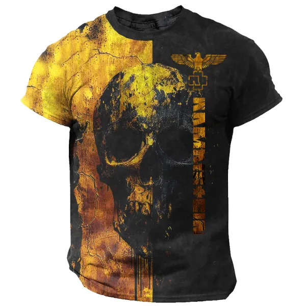 Men's Rammstein Rock Band Gold Metal Skull Head Chipped Grain 3D Print Short Sleeved T-shirt - Elementnice.com 