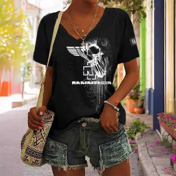 Women's Rammstein Rock Band Skull Print Short Sleeve V-Neck Casual T-Shirt - Manlyhost.com 