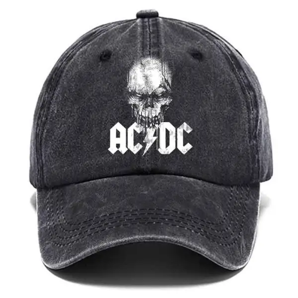 Washed Cotton Sun Hat Vintage ACDC Rock Band Skull Print Outdoor Casual Cap - Cotosen.com 