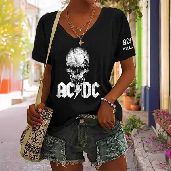 Women's ACDC Rock Band Hells Bells Skull Print Short Sleeve V-Neck Casual T-Shirt - Manlyhost.com 