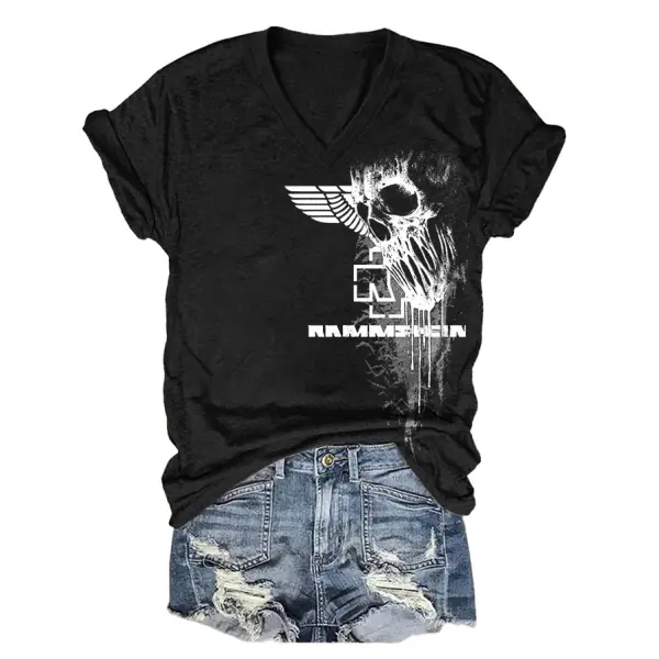 Women's Rammstein Rock Band Skull Print Short Sleeve V-Neck T-Shirt - Manlyhost.com 