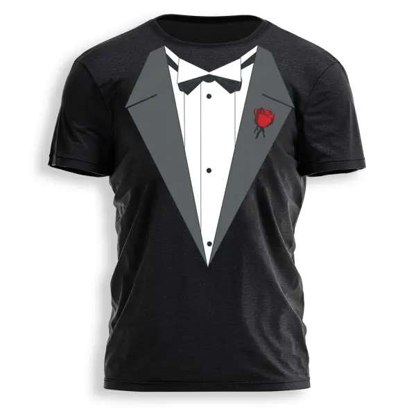 Men's Vintage Suit Collar Rose Print Daily Short Sleeve Crew Neck T-Shirt - Elementnice.com 