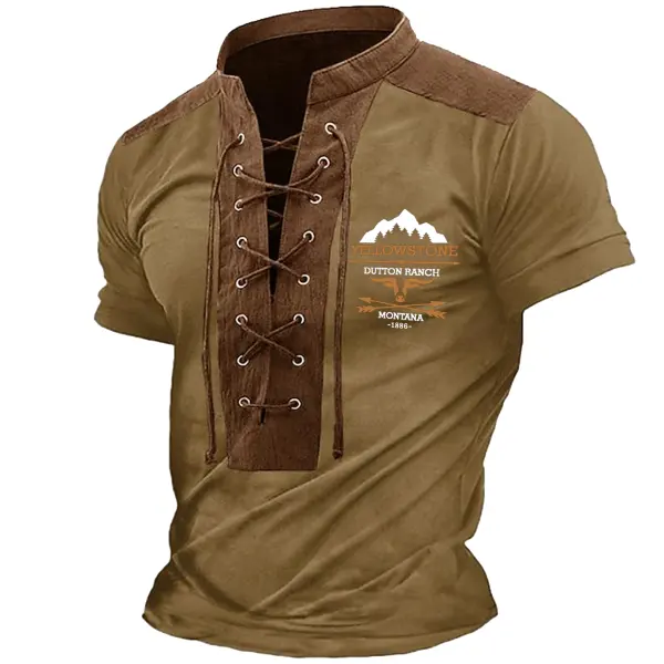 Men's Yellowstone Printed Everyday Henley Neck Short Sleeve Patchwork T-Shirt - Elementnice.com 