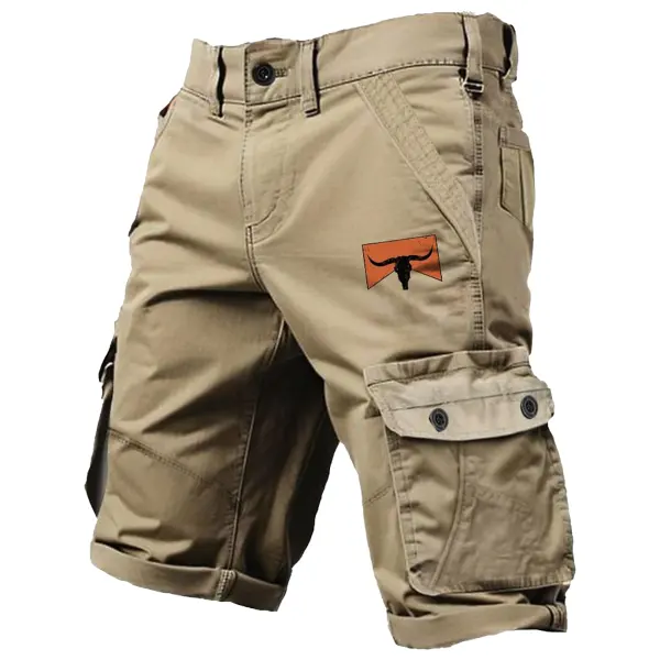 Men's Oxhead Print Outdoor Vintage Multi Pocket Studded Cargo Shorts - Elementnice.com 