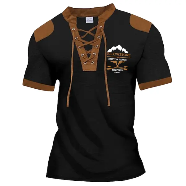 Men's Yellowstone Printed Everyday Henley Neck Short Sleeve Patchwork T-Shirt - Elementnice.com 