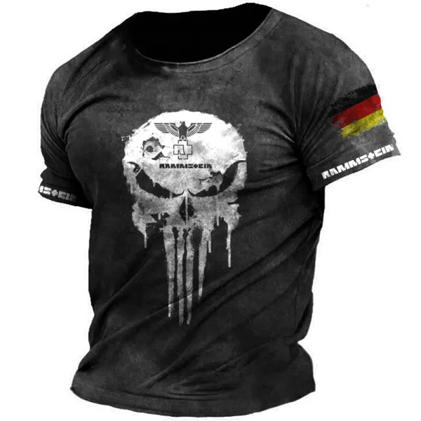 Men's Rammstein Rock Band Skull Head German Flag Vintage Print Short Sleeved T-shirt - Elementnice.com 