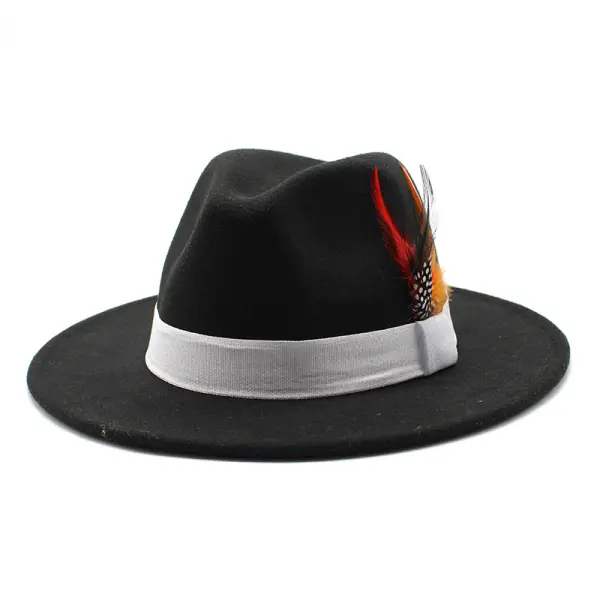 Autumn And Winter New Men's And Women's Wide-brimmed Hats Korean Style Fashion Feather Woolen Jazz Hats British Style Hats - Fineyoyo.com 