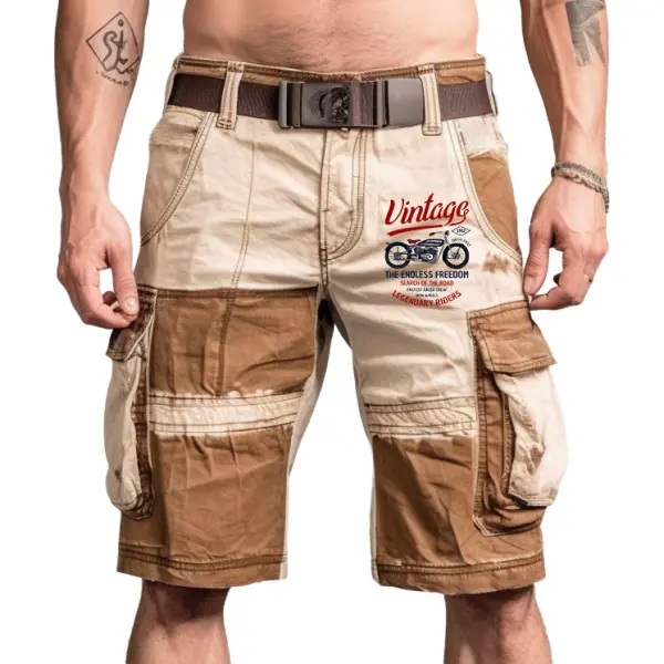 Men's Cargo Shorts Motorcycle Print Vintage Distressed Color Block Utility Outdoor Shorts - Manlyhost.com 