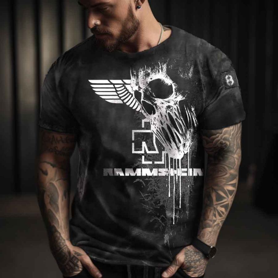 

Men's Vintage Rammstein Rock Band Skull Daily Short Sleeve Crew Neck T-Shirt