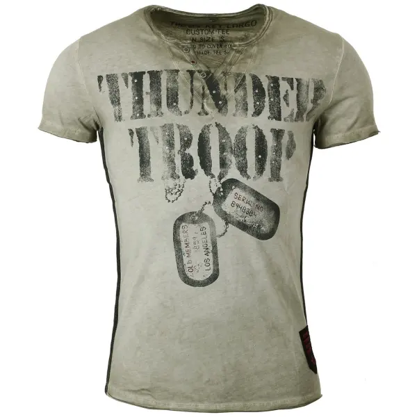 Men's American Soldier Badge Printed Henley Everyday Contrast Color Short Sleeve T-Shirt - Elementnice.com 